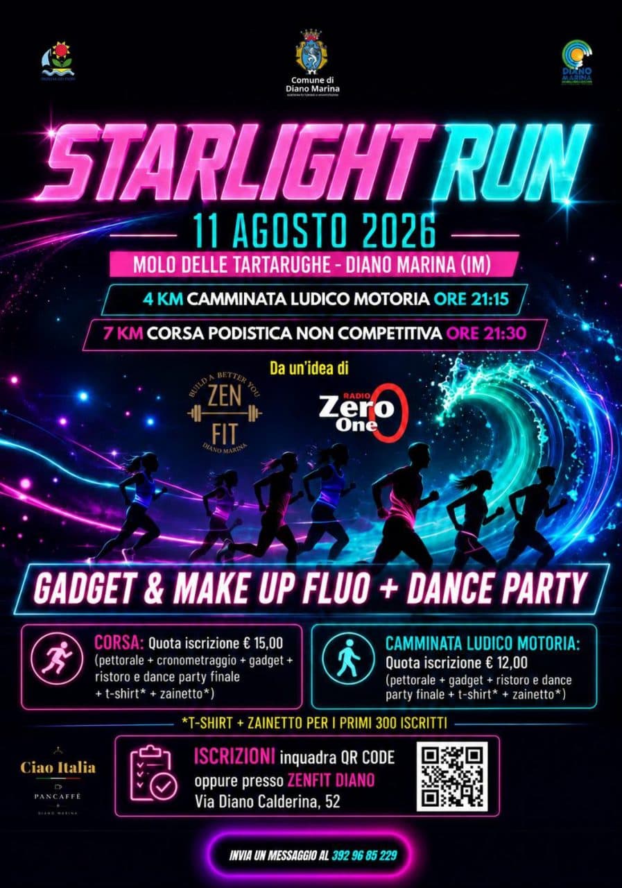 Locandina della Starlight Run dell'11 agosto 2026: camminata di 4 km alle 21:15 e corsa di 7 km alle 21:30, con partenza dal Molo delle Tartarughe.